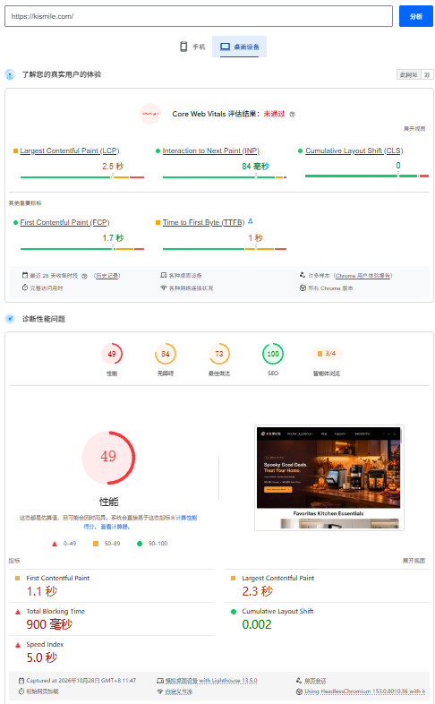 Kismile PageSpeed 桌面端检测 49 分
